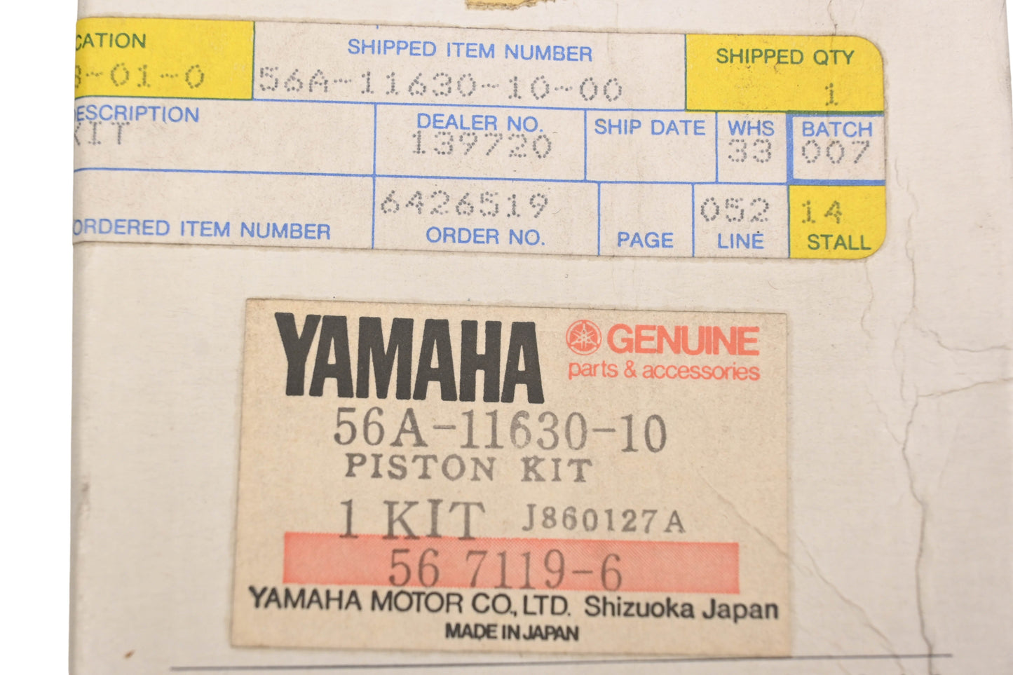 New OEM Yamaha 56A-11630-10-00 Piston Kit NOS