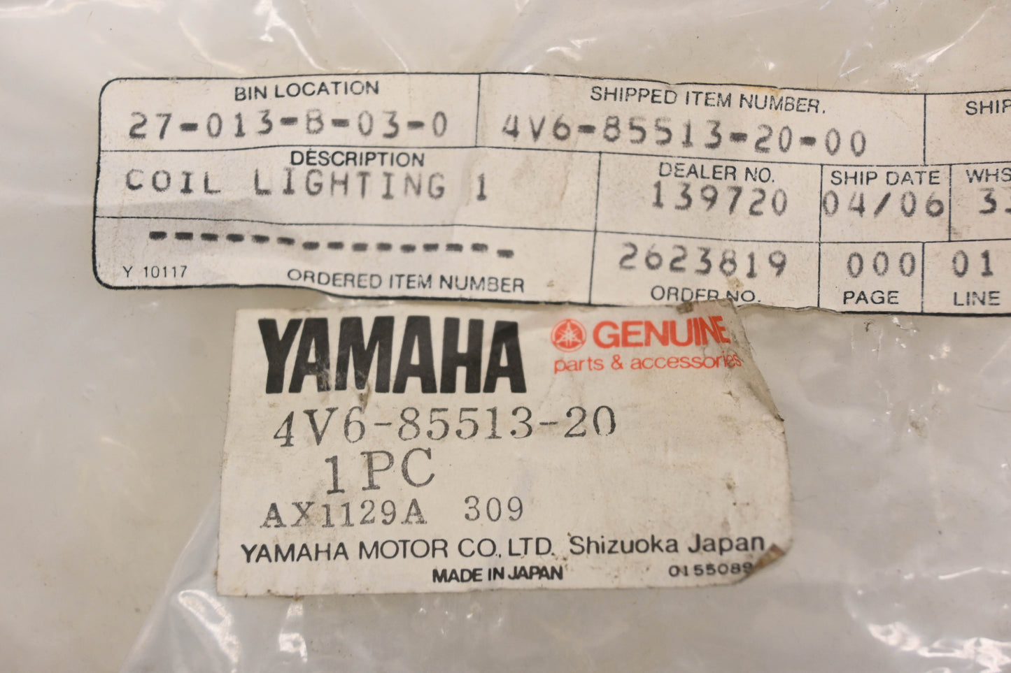 New OEM Yamaha 4V6-85513-20-00 Lighting Coil Assembly NOS