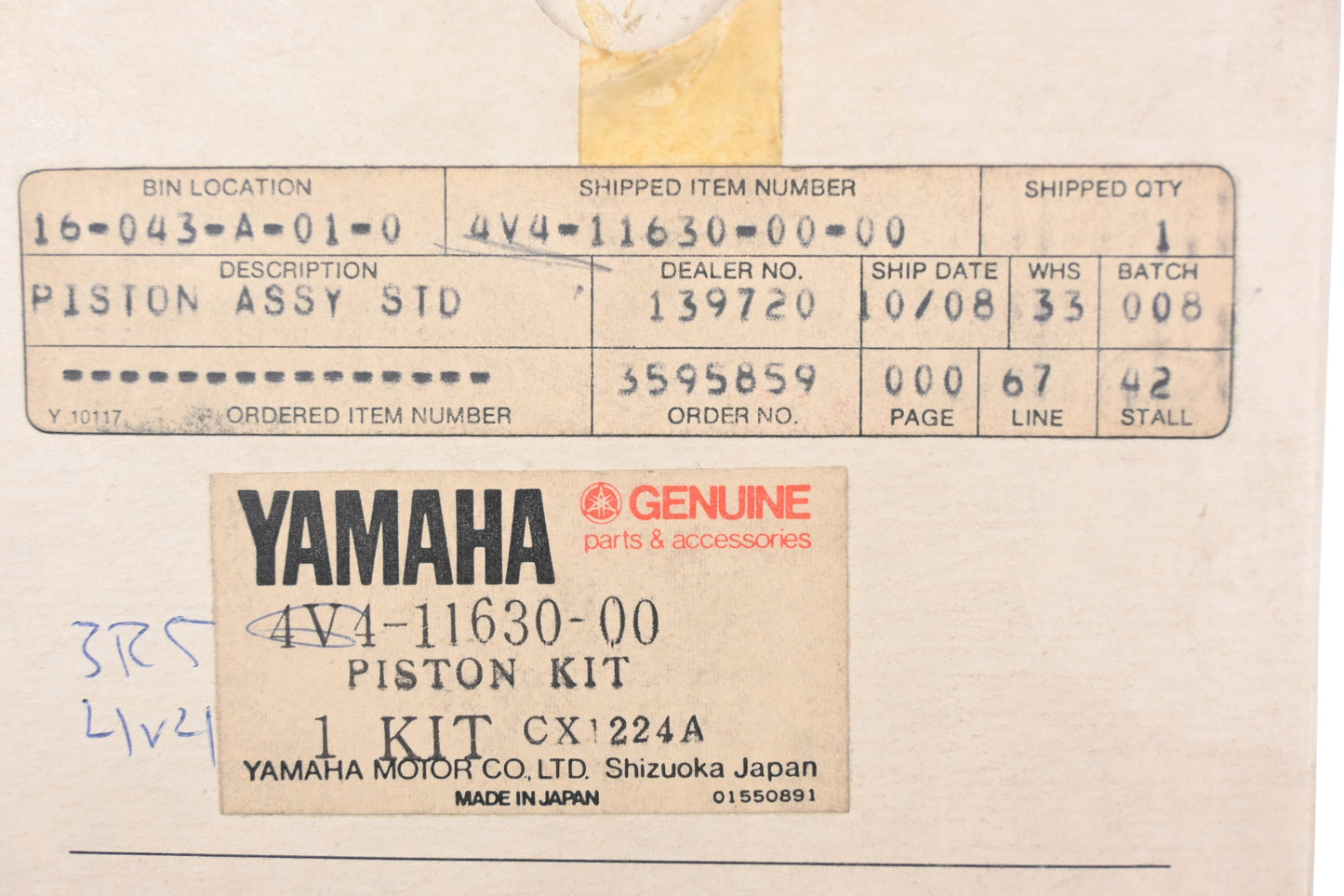 New OEM Yamaha 4V4-11630-00-00 Piston Kit NOS