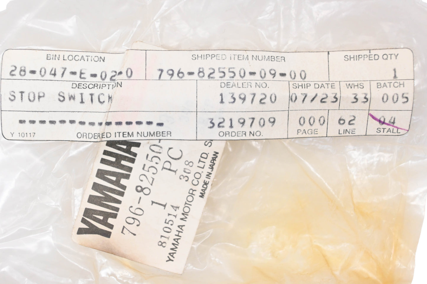 New OEM Yamaha 796-82550-09-00 Stop Switch Assembly NOS