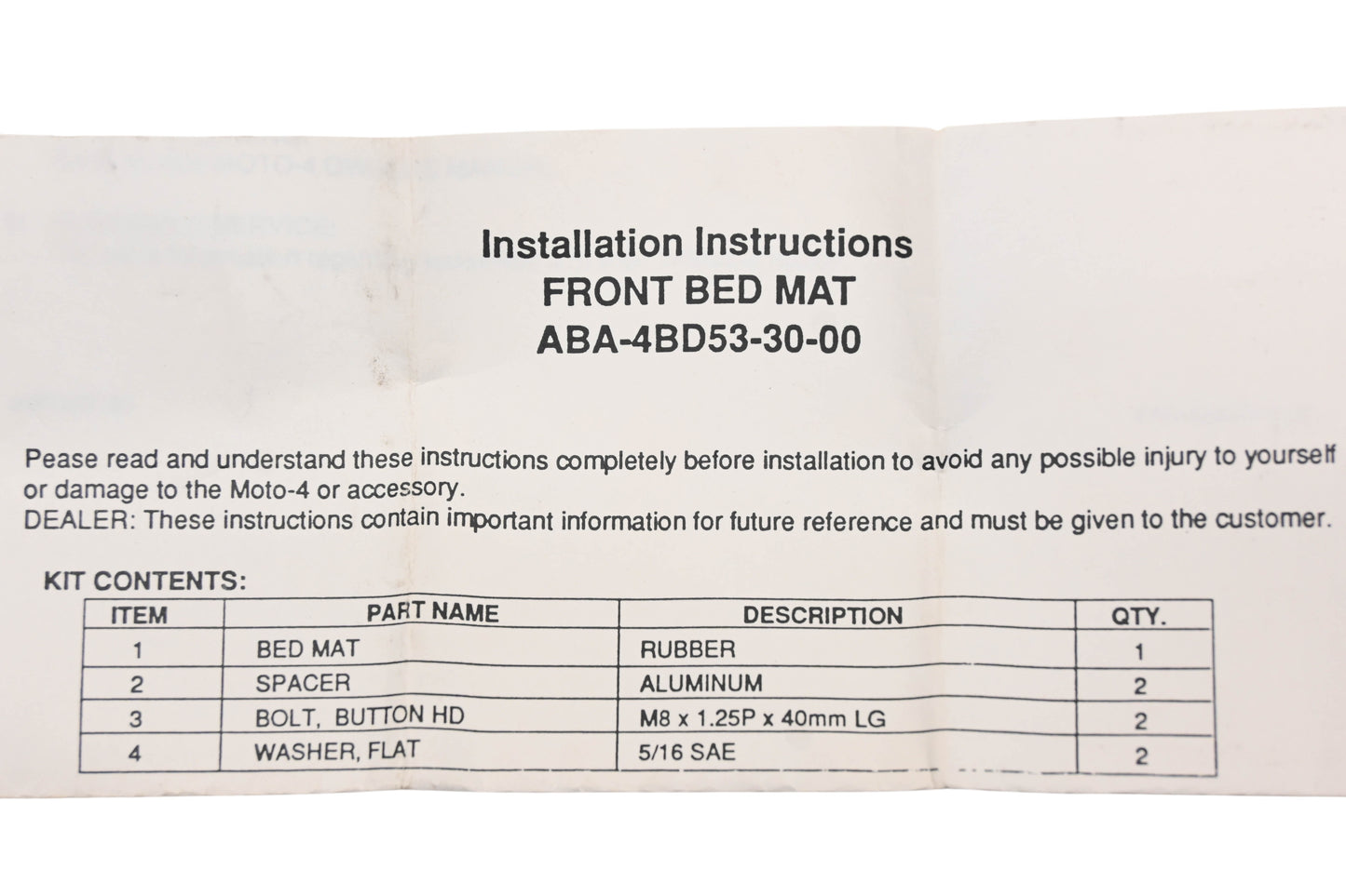 New OEM Yamaha ABA-4BD53-30-00 Timberwolf Front Bed Mat Kit NOS