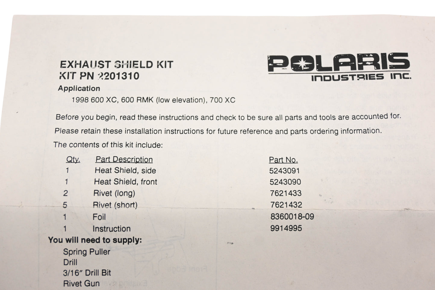 New OEM Polaris 2201310 Exhaust Heat Shield Kit NOS