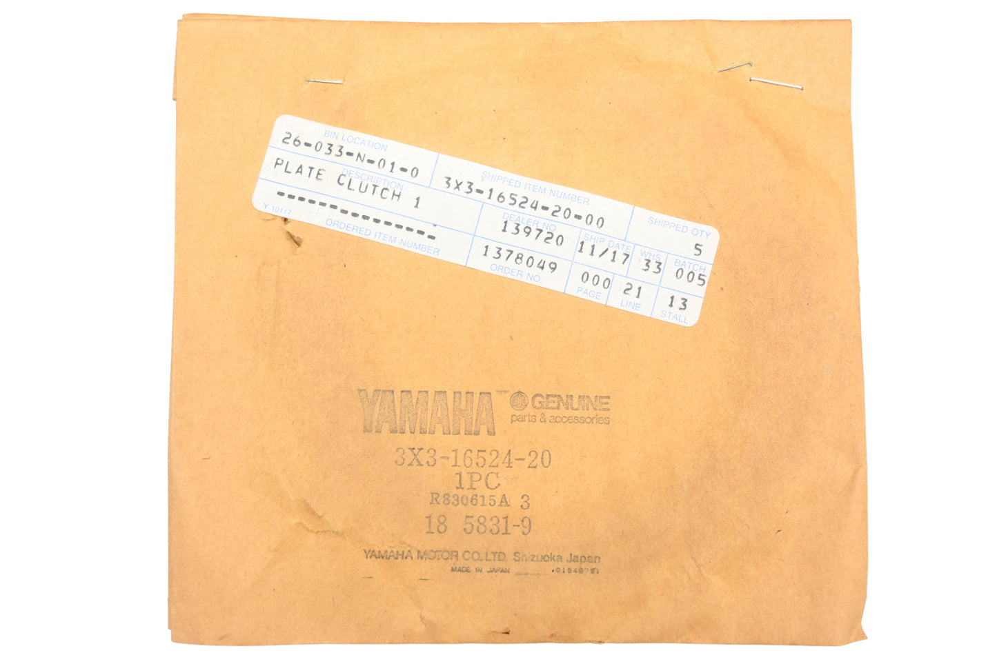 New OEM Yamaha 3X3-16524-20-00 Clutch Plate NOS