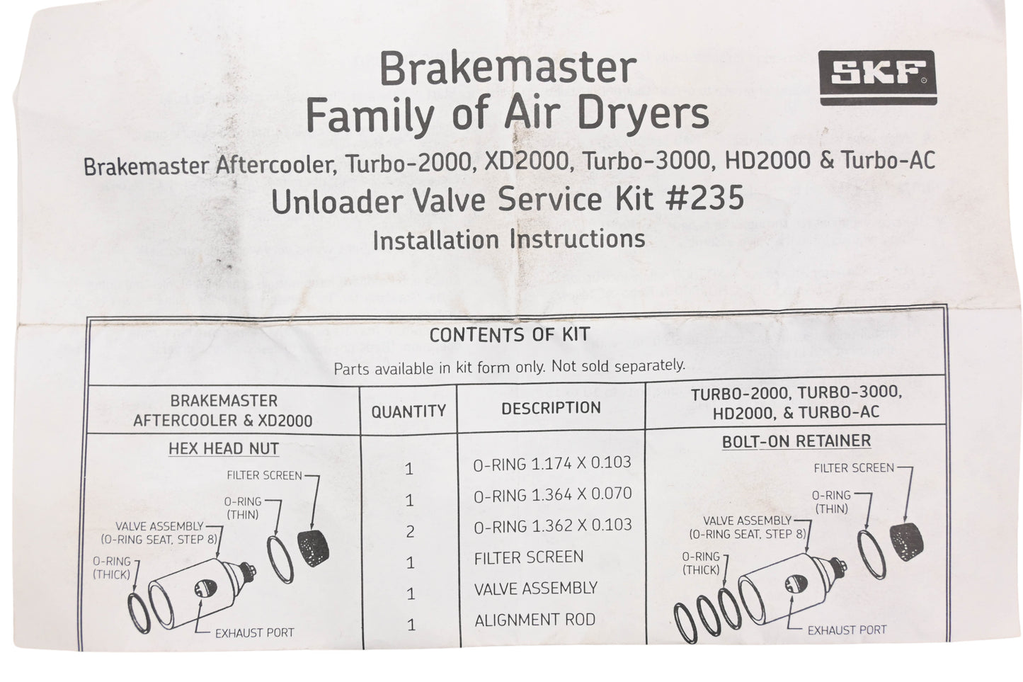 SKF 235 Unloader Valve Service Kit NOS