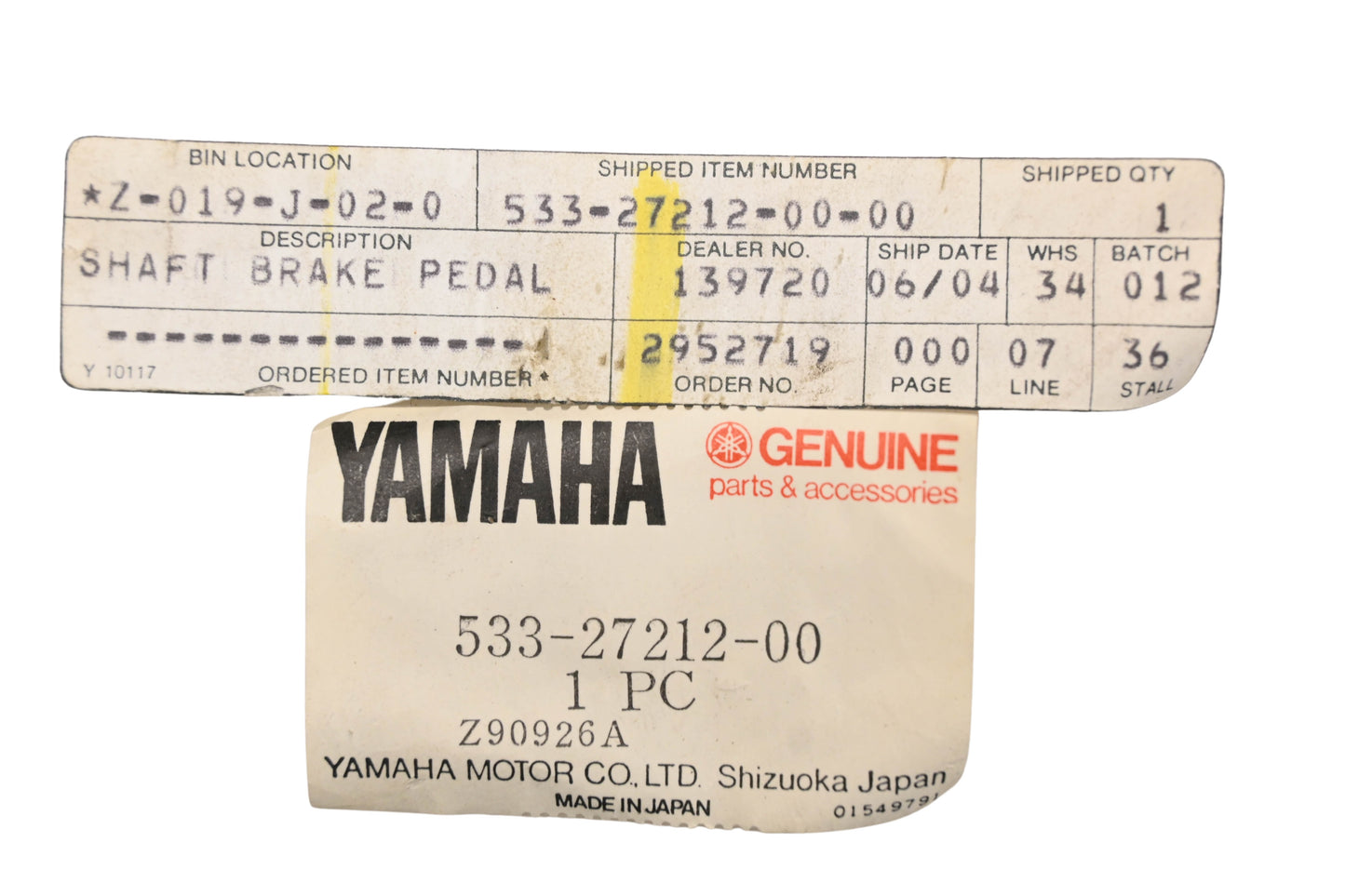 New OEM Yamaha 533-27212-00-00 Brake Pedal Shaft NOS