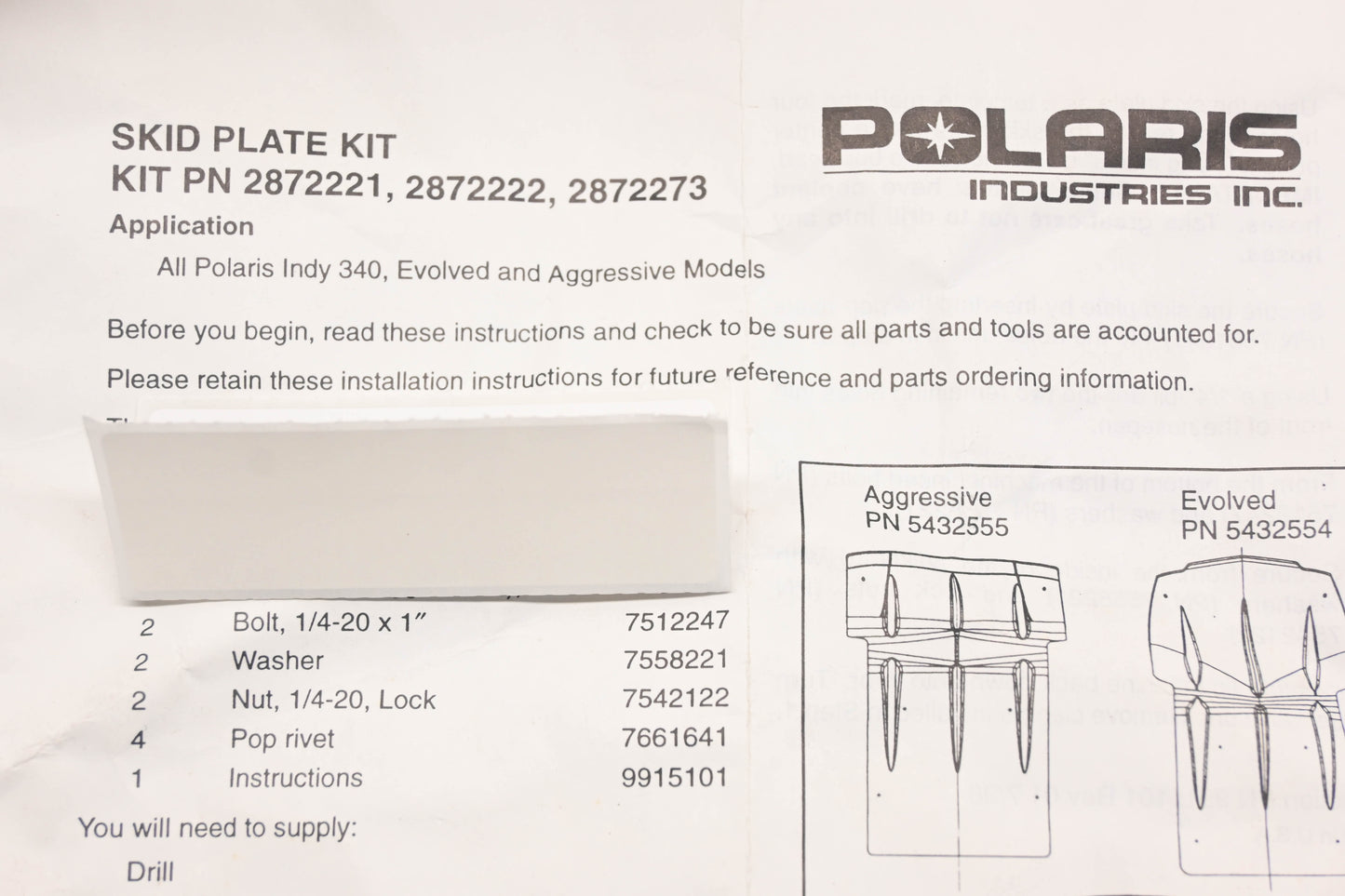 New OEM Polaris 2872221, 2872222, 2872273 Skid Plate Mount Hardware Kit NOS
