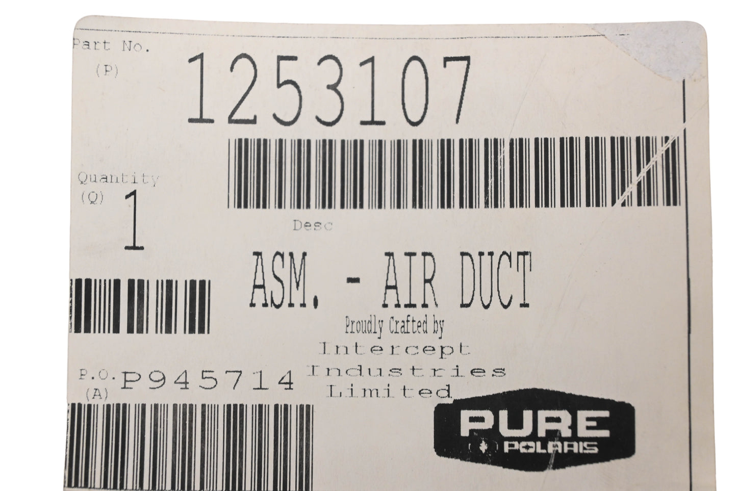 New OEM Polaris 1253107 Foam Air Duct Assembly NOS