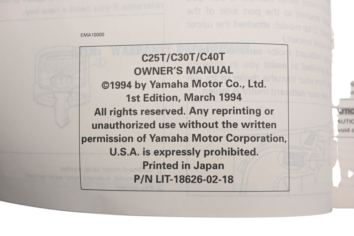 New OEM Yamaha LIT-18626-02-18 C25T/C30T/C40T Outboard Owner's Manual NOS