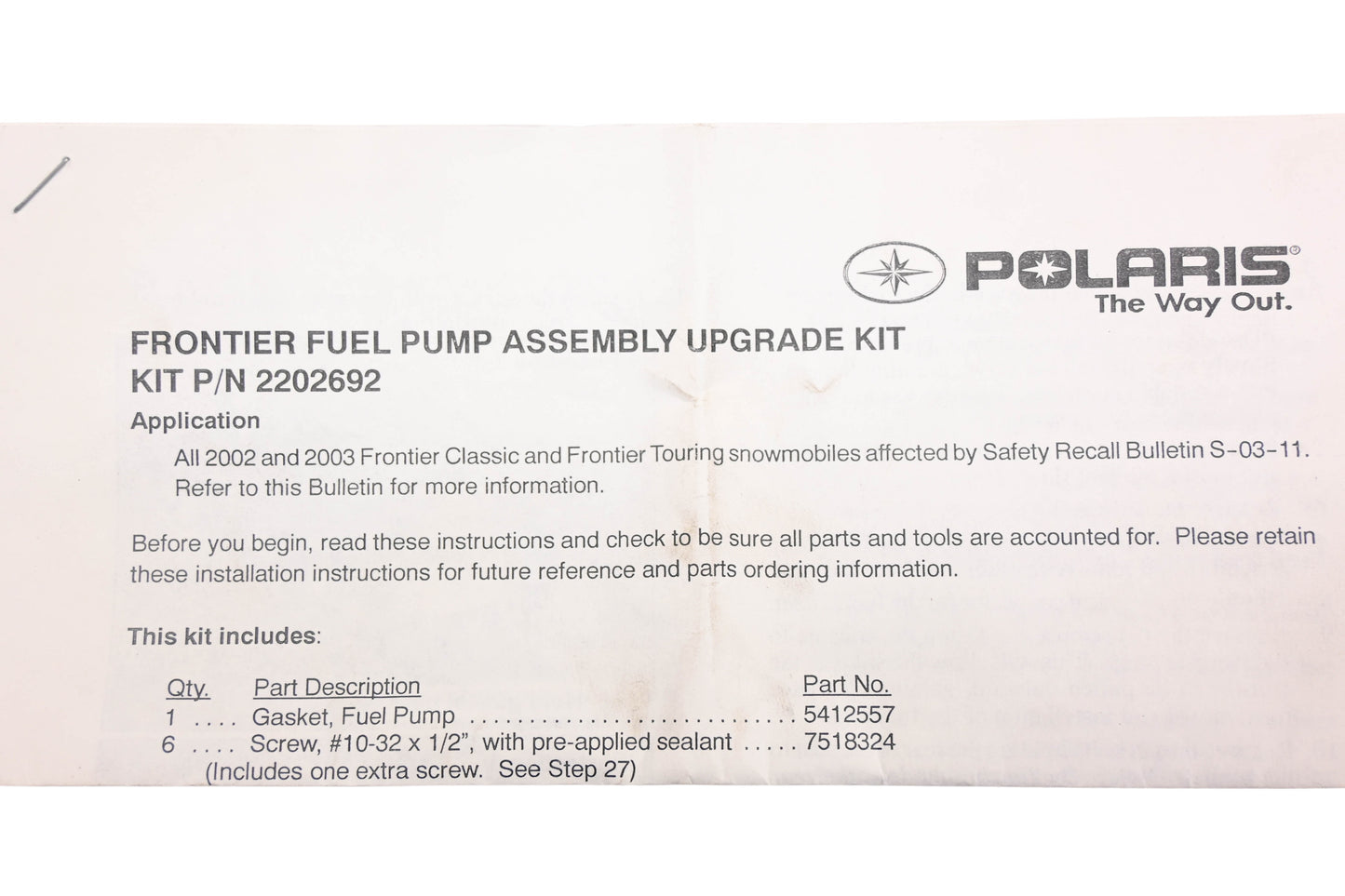 New OEM Polaris 2202692 Fuel Pump Upgrade Kit NOS