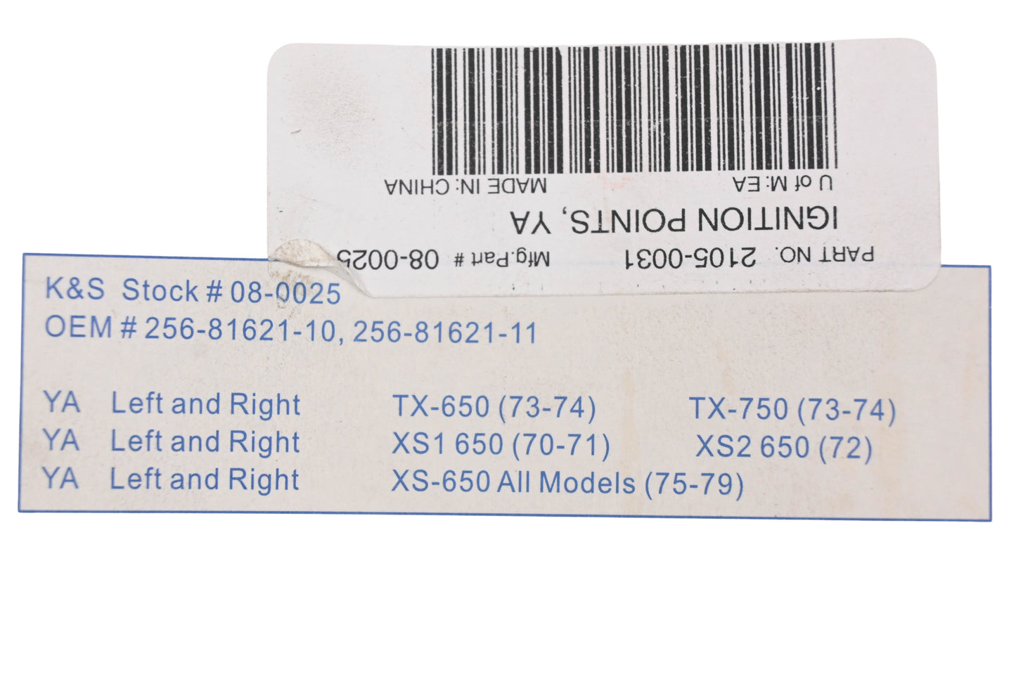 K&S 08-0025, 256-81621-10, 2105-0031 Contact Ignition Point NOS