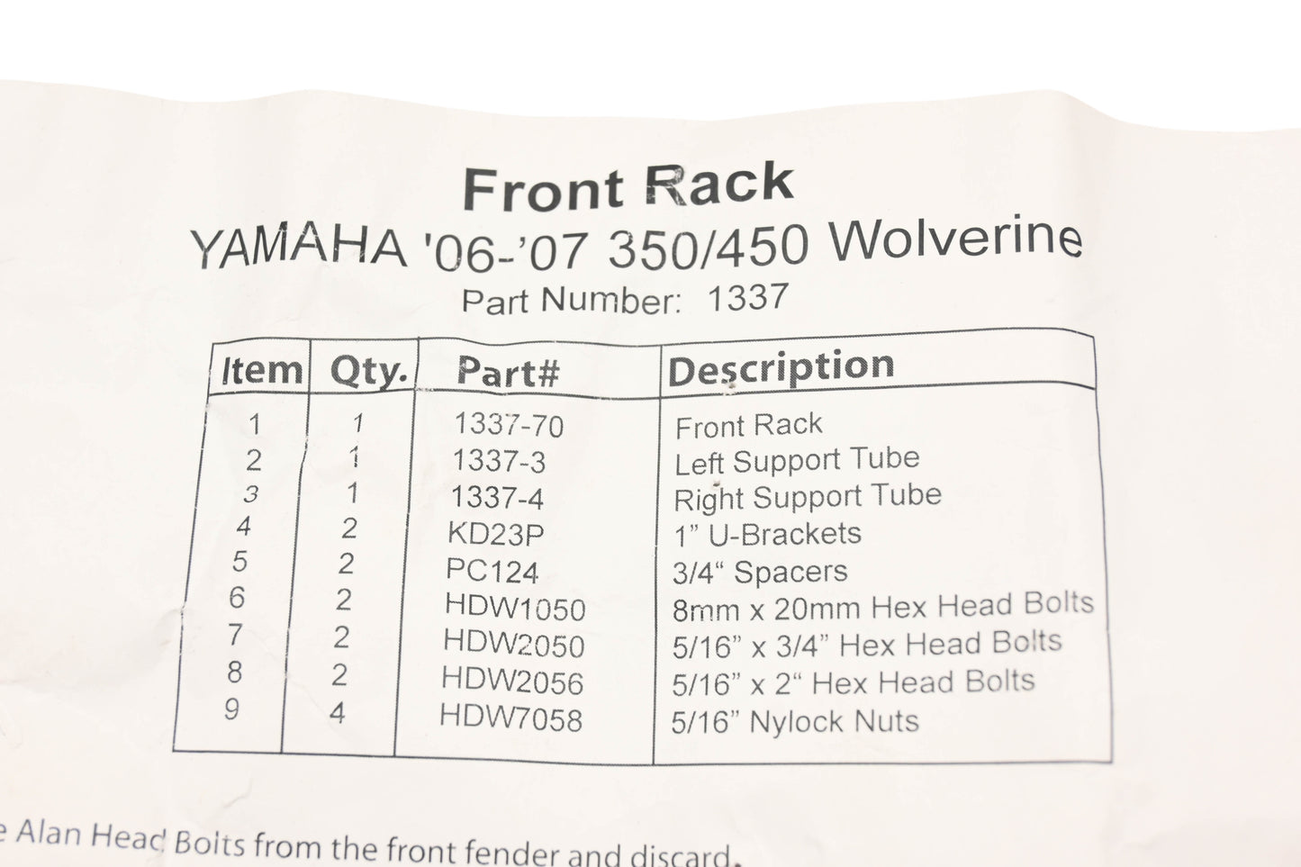 Cambridge Metals & Plastics 1337 Yamaha 06-07 350/450 Wolverine Front Rack Kit NOS