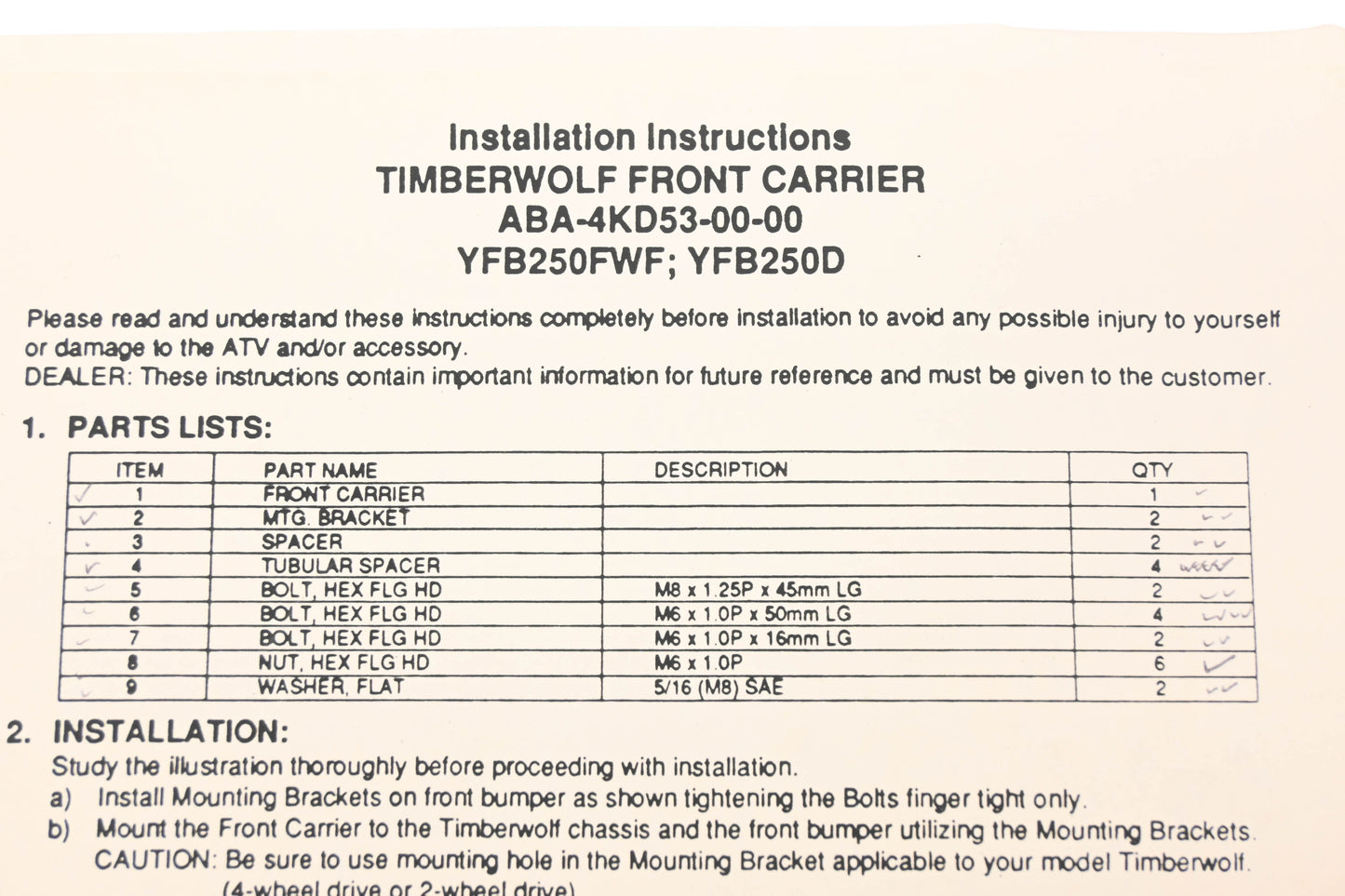 New OEM Yamaha ABA-4KD53-00-00 Timberwolf Front Carrier Kit NOS