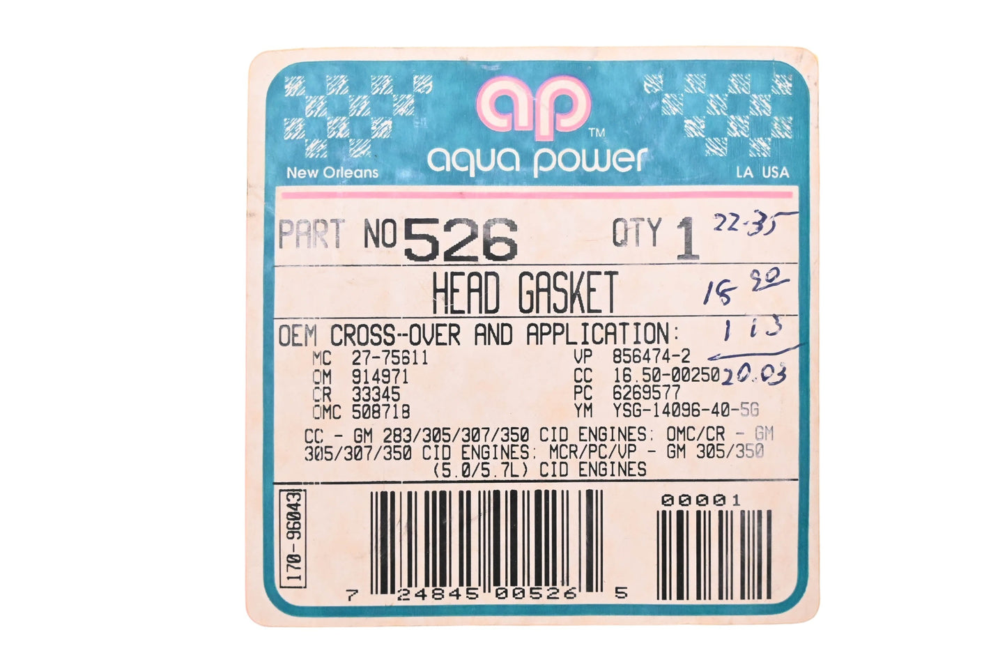 Aqua Power AP 526, 508718 Head Gasket NOS