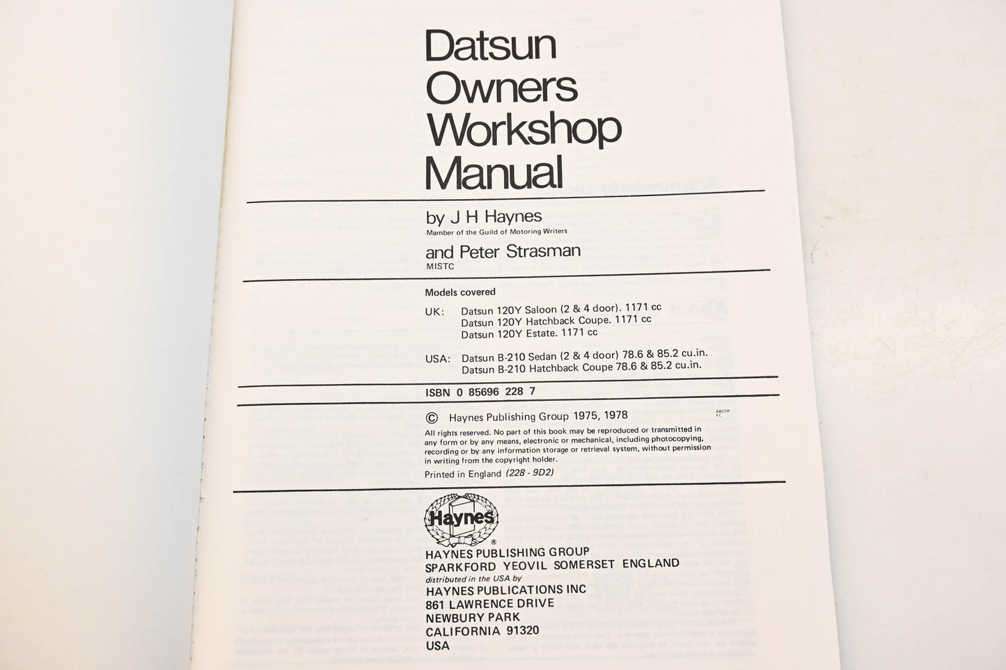 Haynes ISBN 0 85696 228 7, 228, 222-0047 73-78 Datsun-B210 Owners Workshop Manual NOS