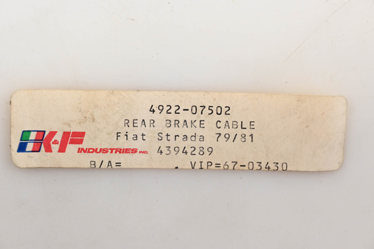 Cavoflex 094-0647, 4922-07502, 4394289 K&F Industries 79/81 Fiat Strada Brake Cable NOS