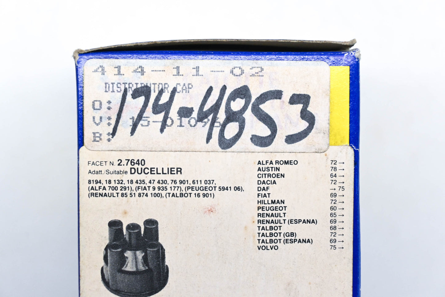 Facet 174-4853, 2.7640, 15-01096 Peugeot Renault Distributor Cap NOS