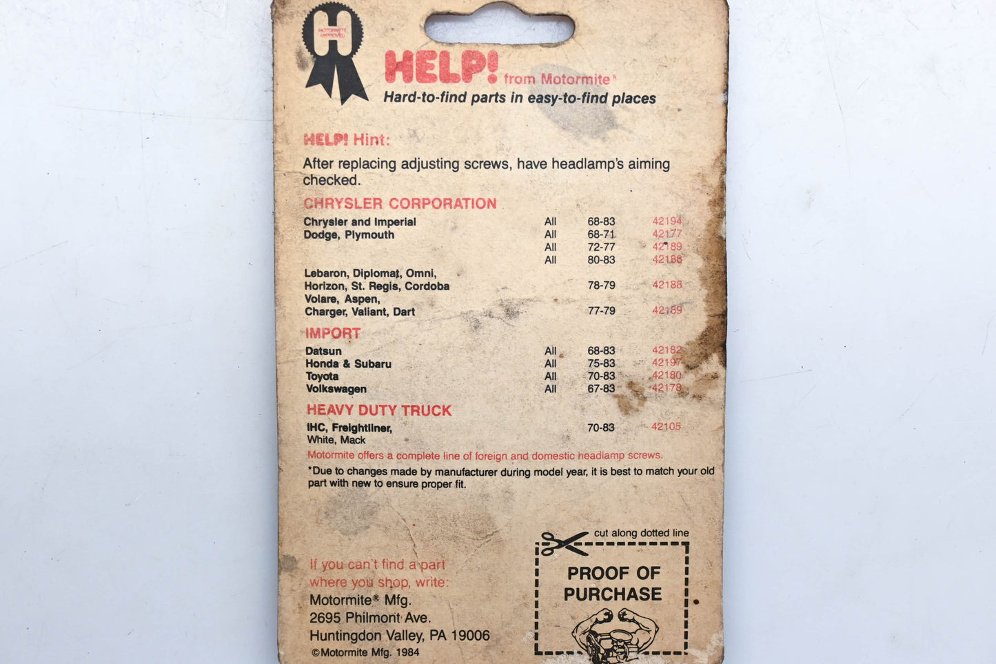 Motormite 42194, 42177, 42189 Headlight Adjusting Screw Kit NOS