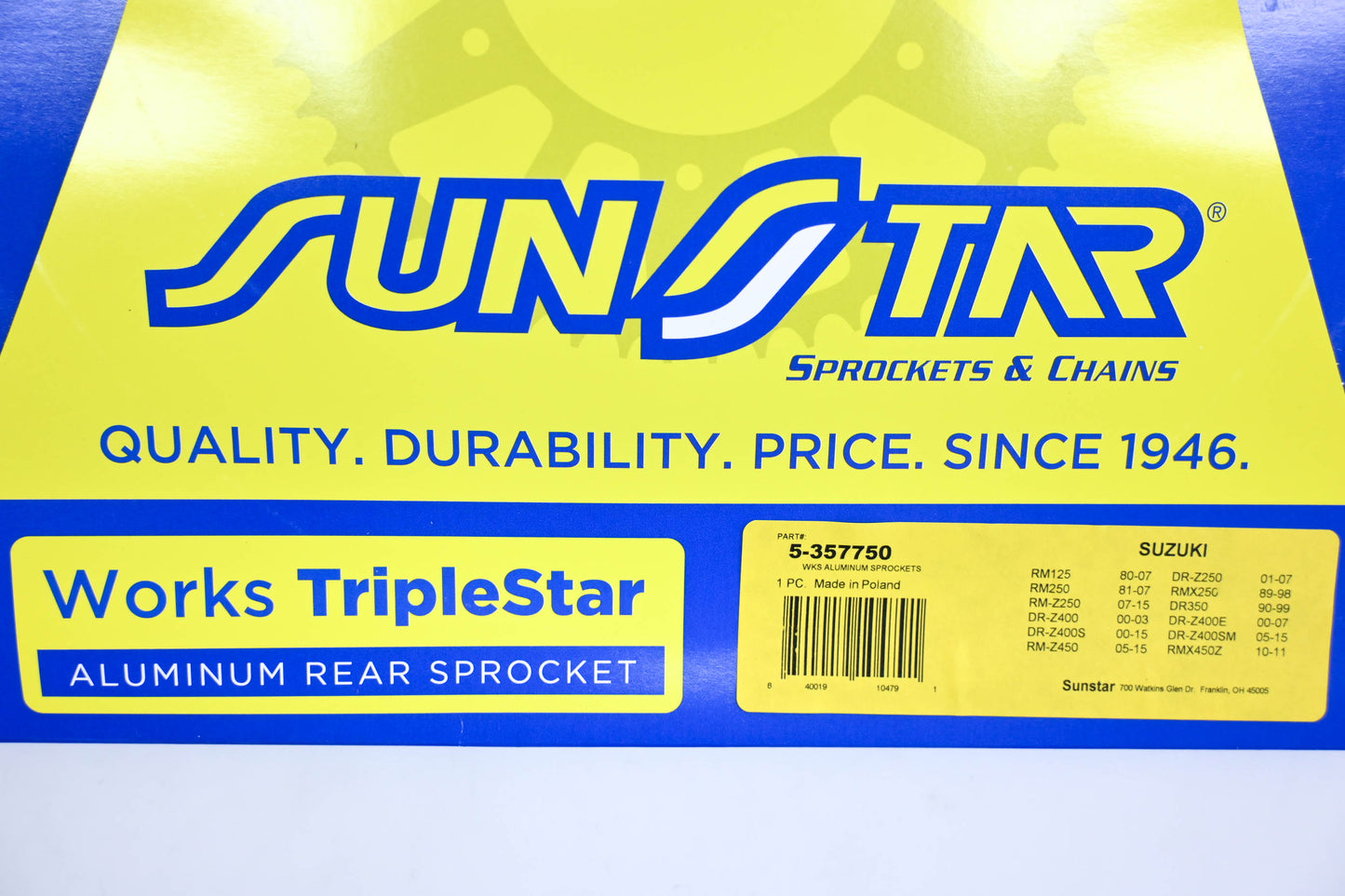 Sunstar 5-357750, 3577-50, 7075-T6 Suzuki 50T Aluminum Rear Sprocket NOS