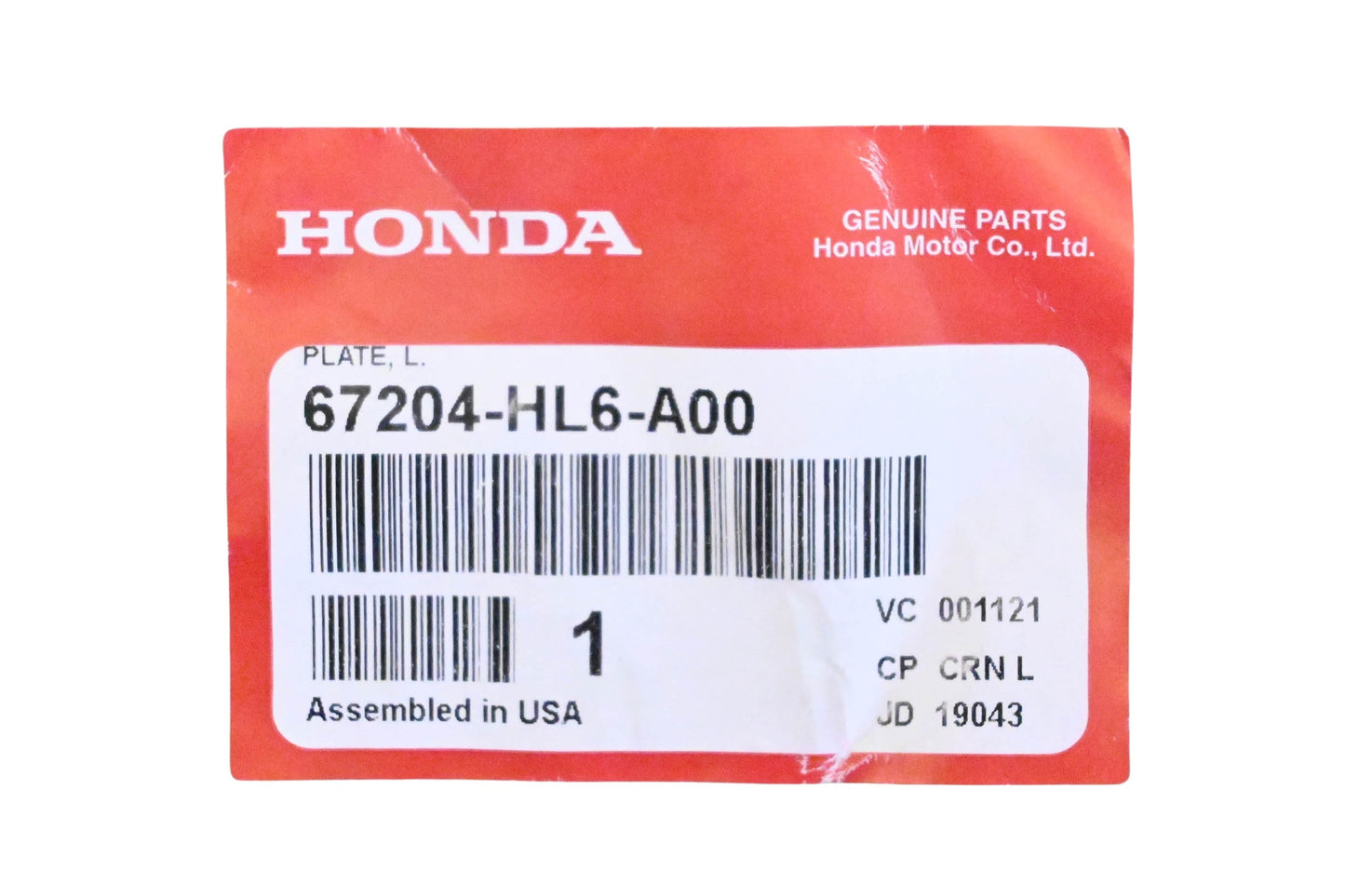 New OEM Honda 67204-HL6-A00 Left Hand Door Plate NOS
