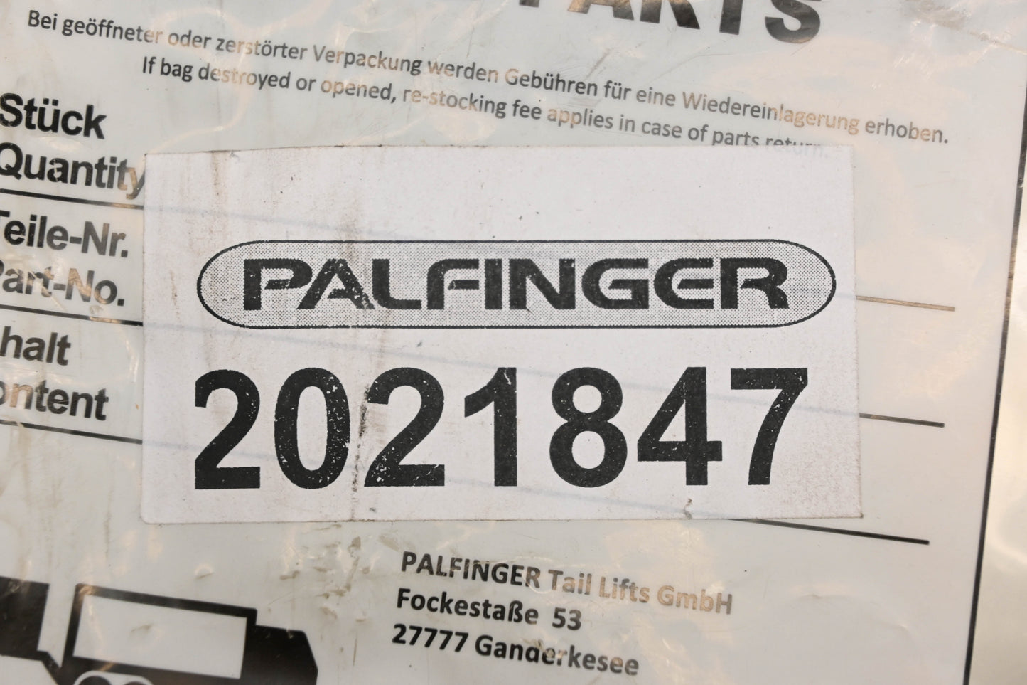 Palfinger 2021847 Lift Rebuild Kit NOS
