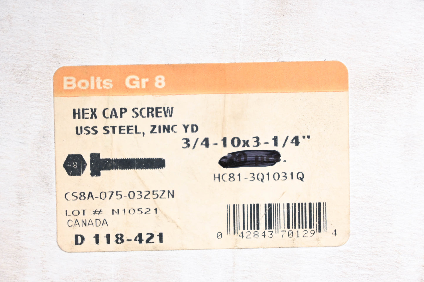 Aftermarket HC81-3Q1031Q, CS8A-075-0325ZN, BCSH8075103251 Hex Cap Screw 3/4-10 x 3-1/4" Zinc Plated Grade 8 NOS