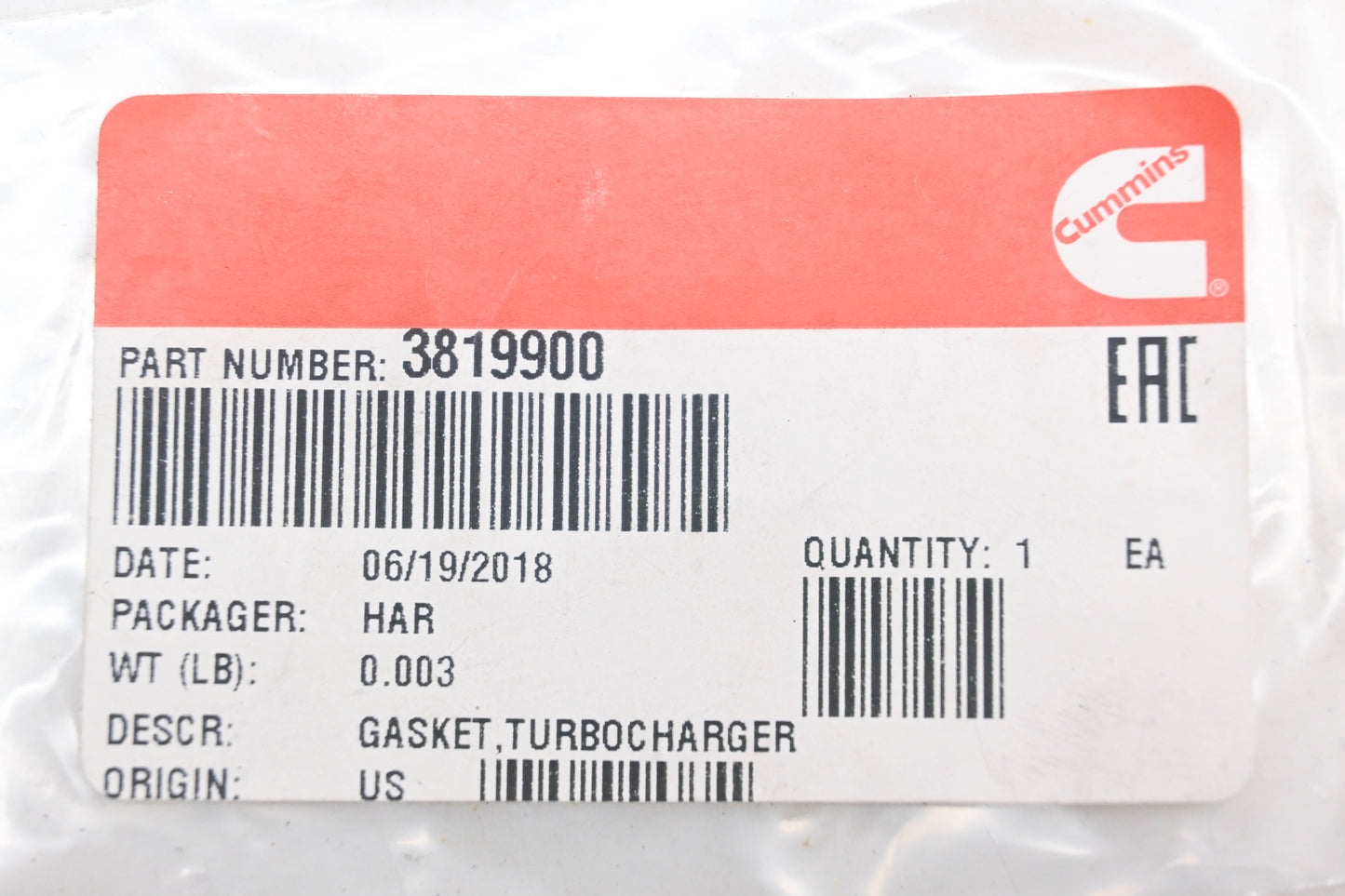 Cummins 3819900 Turbocharger Oil Line Gasket NOS
