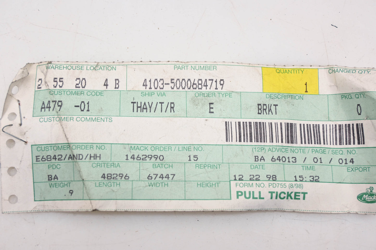 Mack 4103-5000684719, 5000684719 Support Bracket NOS