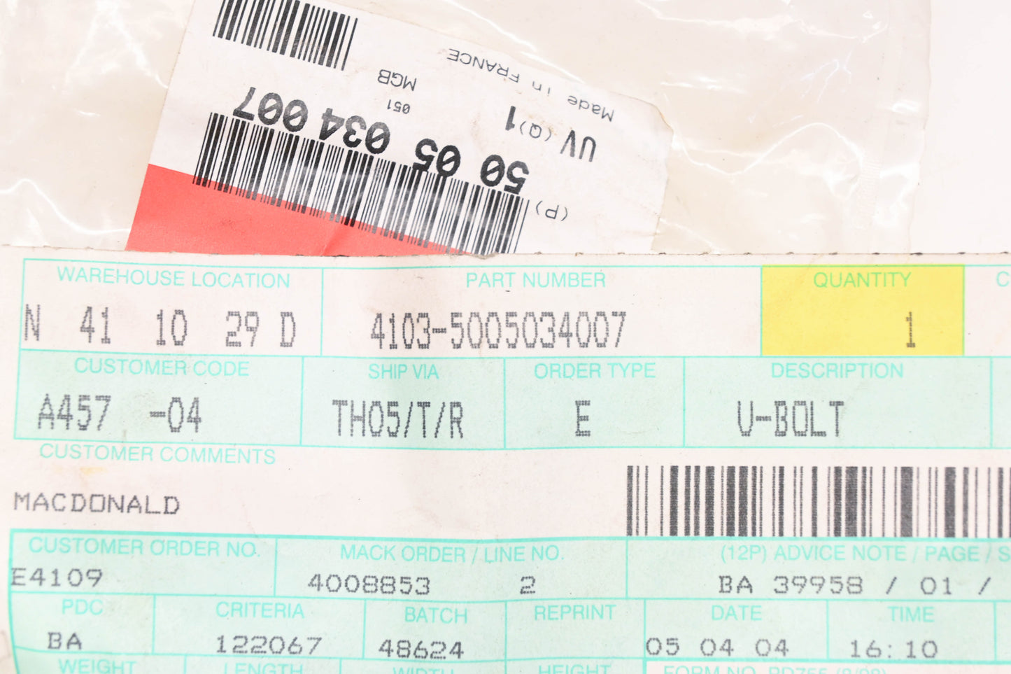 Mack 4103-5005034007, 5005034007 Renault U-Bolt Kit NOS