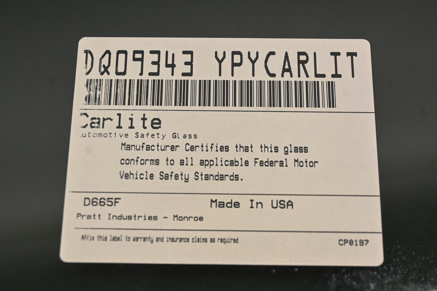 Carlite DQ09343YPY Ford Rear Quarter Glass NOS