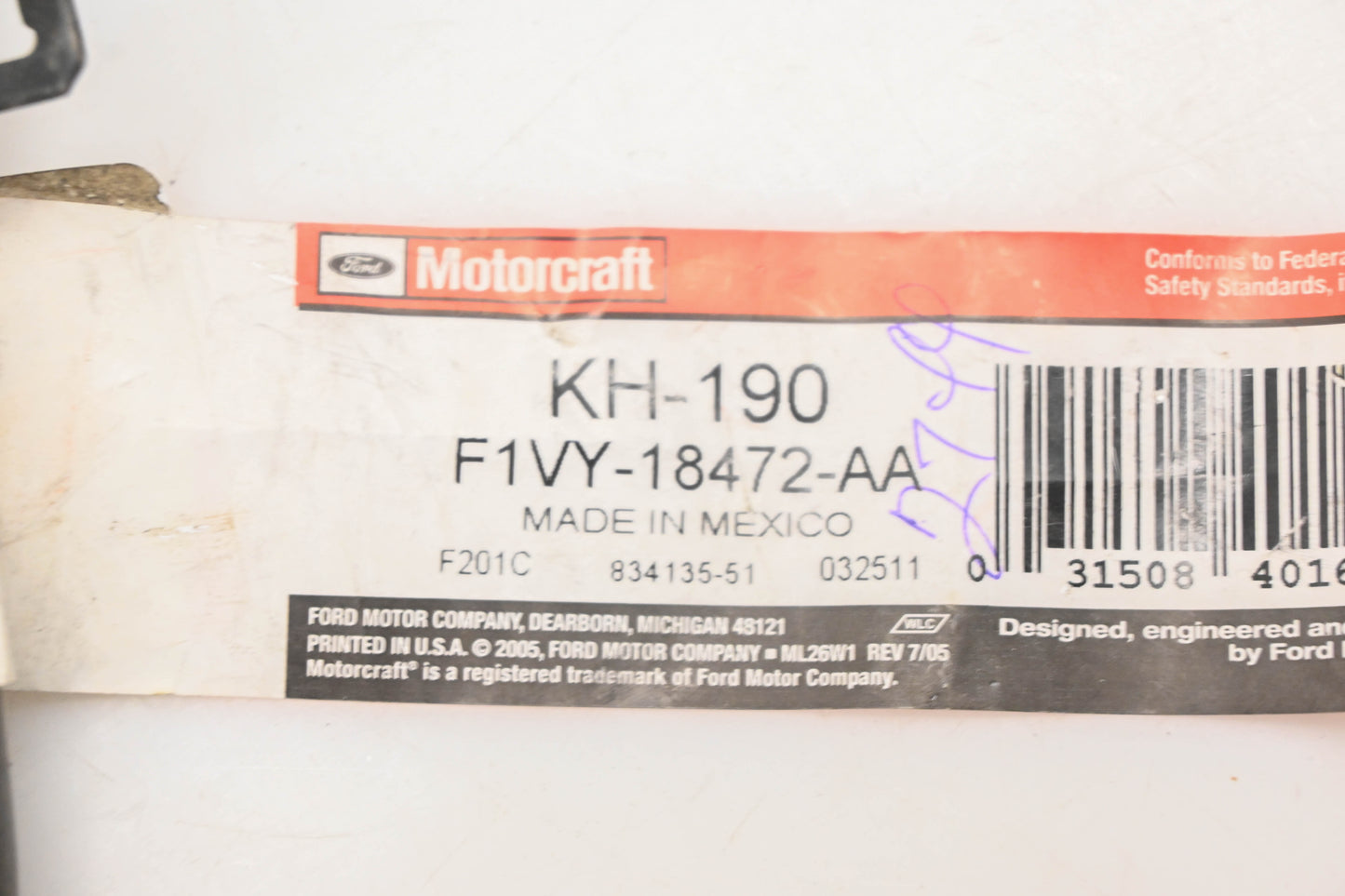 New OEM Ford KH-190, F1VY-18472-AA, KH190 Heater Hose Assembly NOS