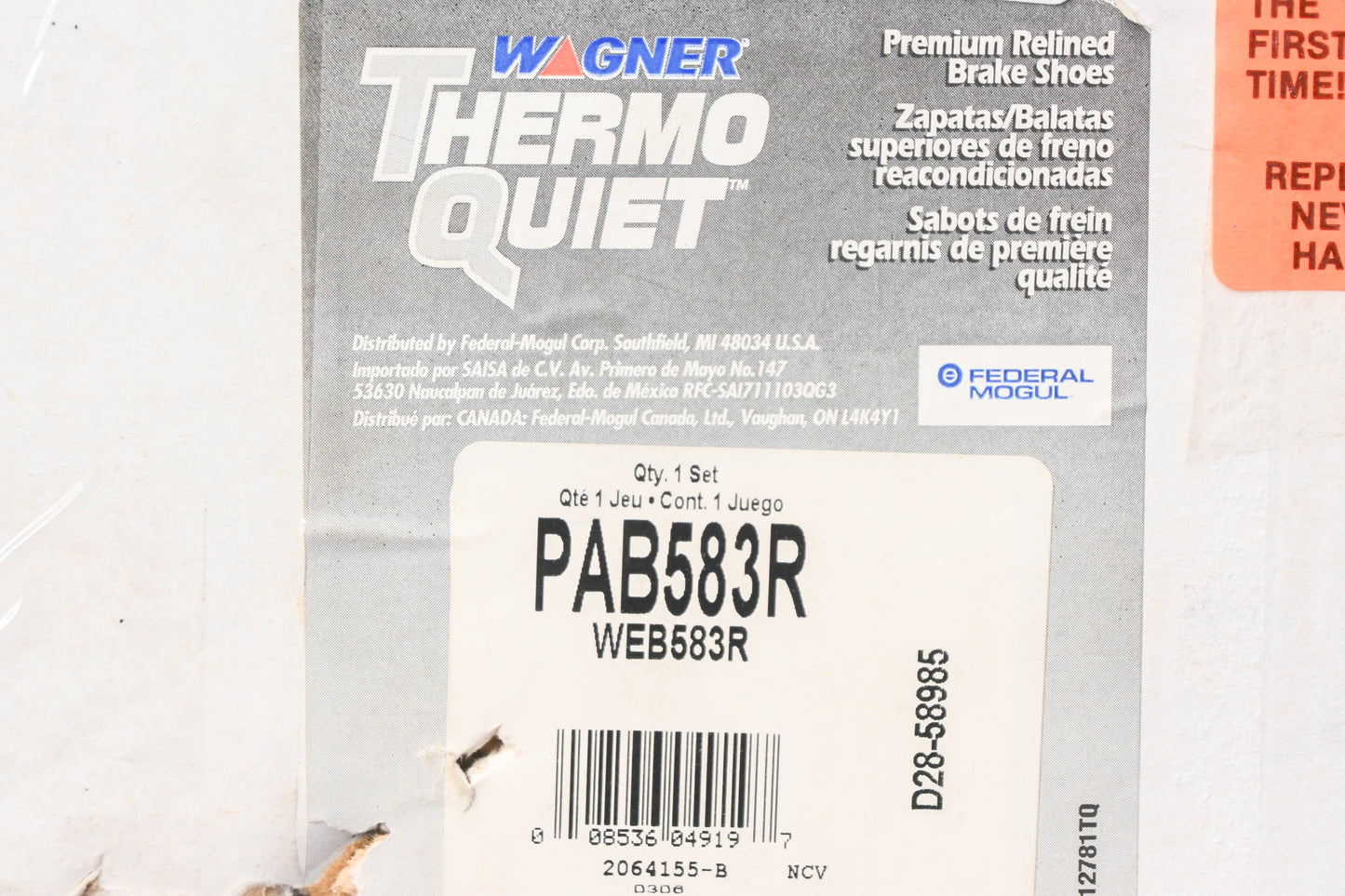 Wagner PAB583R ThermoQuiet Relined Brake Shoe Kit NOS
