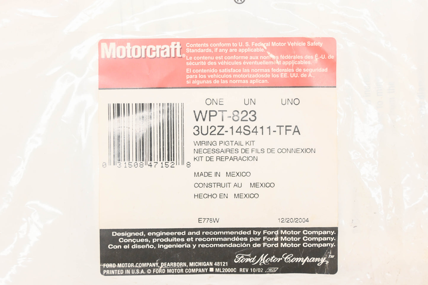 New OEM Motorcraft WPT-823, 3U2Z-14S411-TFA, WPT823 Bulb Socket Pigtail Wiring Kit NOS