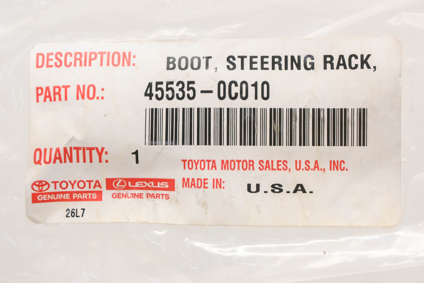 New OEM Toyota 45535-0C010 Steering Rack Boot NOS