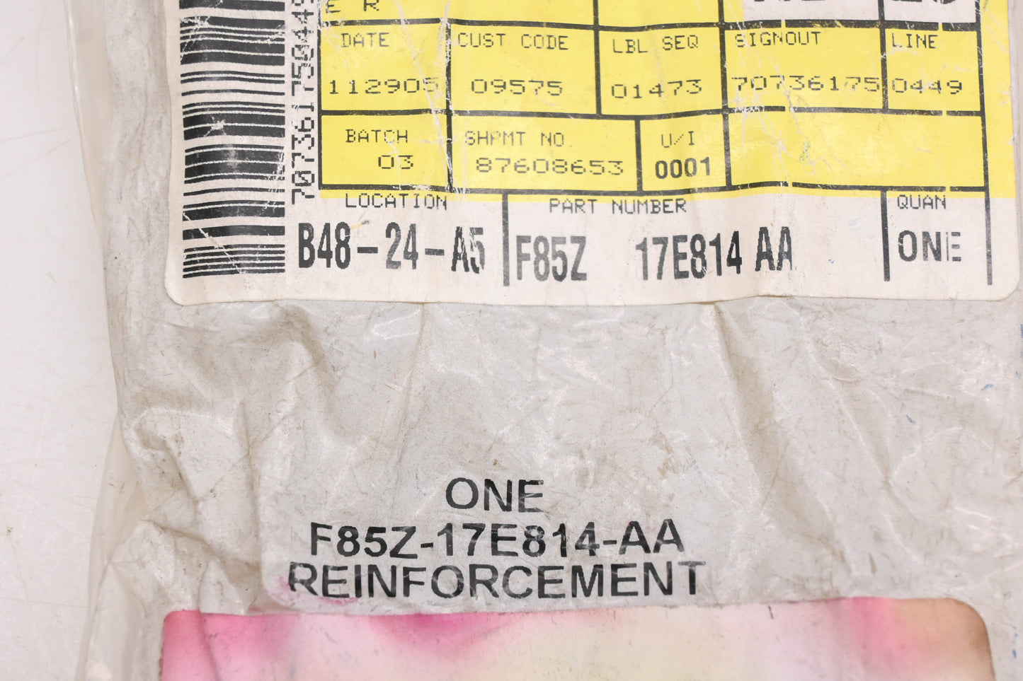 New OEM Ford F85Z-17E814-AA, F85X-17D940-AD Upper Bracket Reinforcement NOS