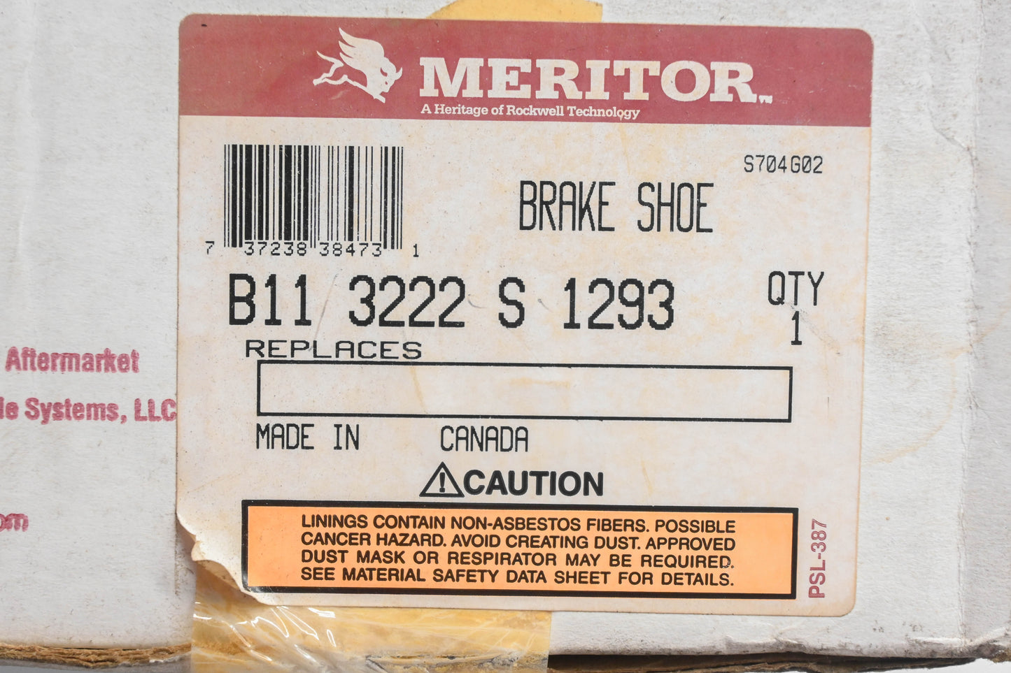 Meritor B113222S1293, B11-3222-S-1293 Heavy Duty Brake Shoe NOS