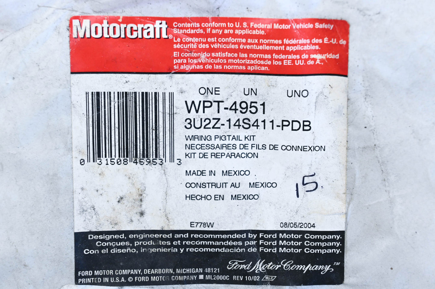 New OEM Motorcraft 3U2Z-14S411-PDB, WPT-4951 Ford Wiring Pigtail Kit NOS