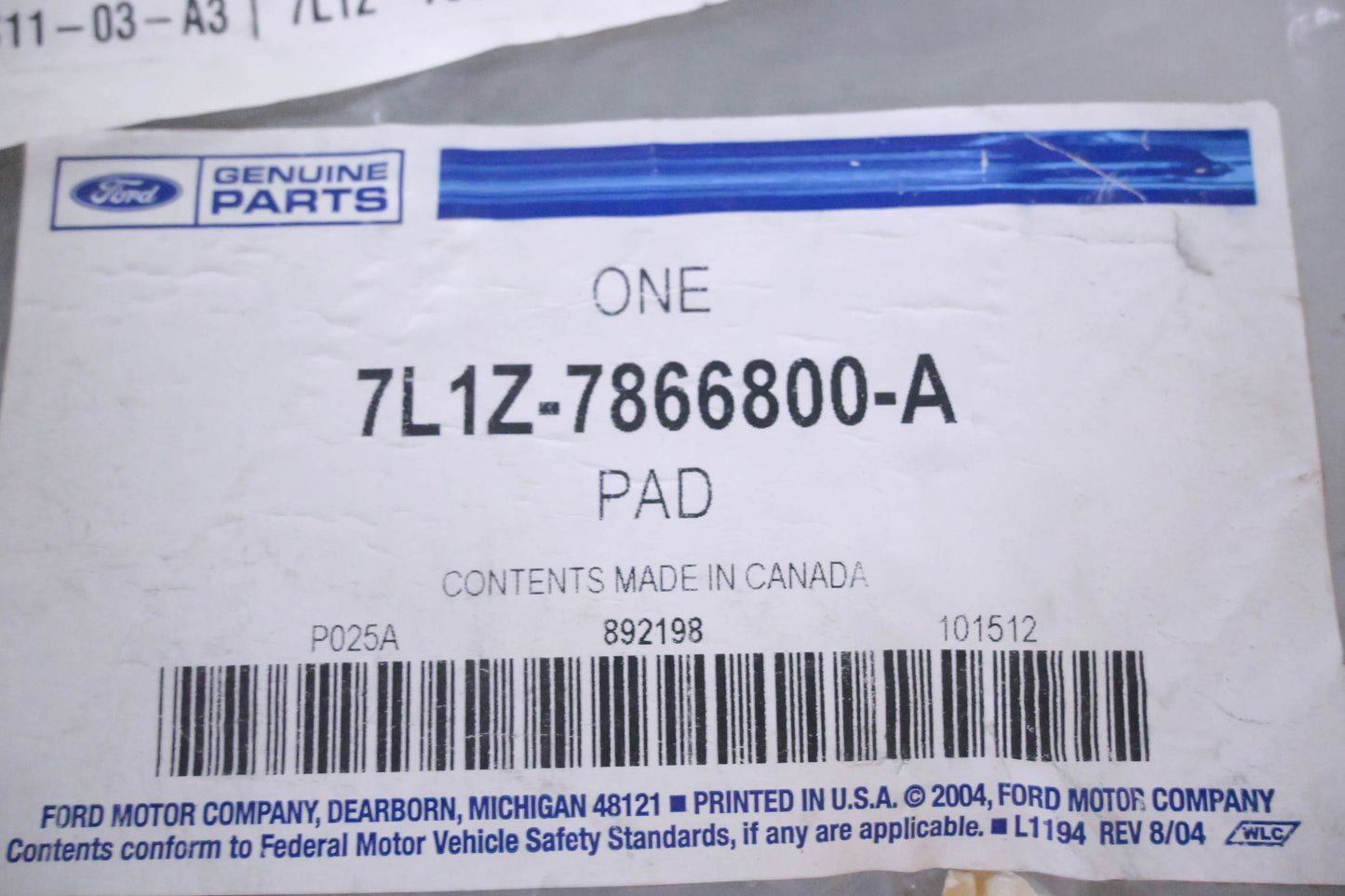 New OEM Ford 7L1Z-7866800-A Seat Back Pad NOS