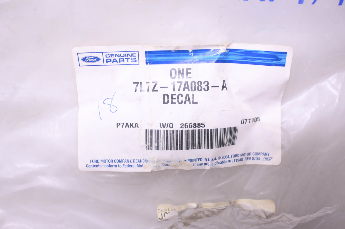 New OEM Ford 7L7Z-17A083-A Jack and Spare Operation Decal NOS