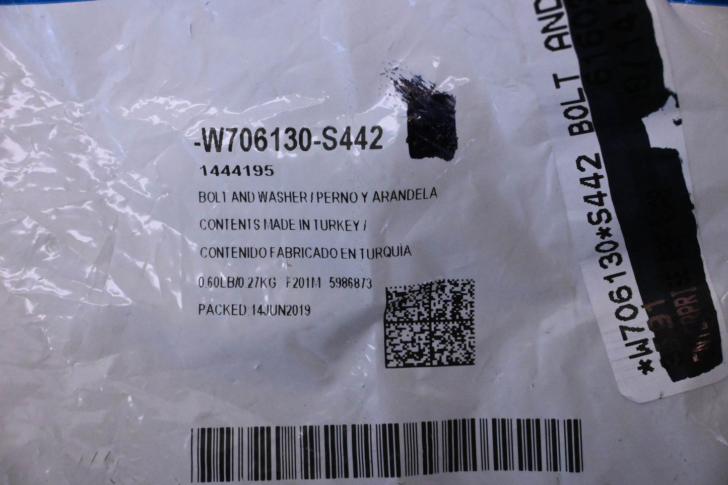 New OEM Ford W706130-S442, 1444195 Suspension Cross-Member Bolt & Washer Assembly NOS
