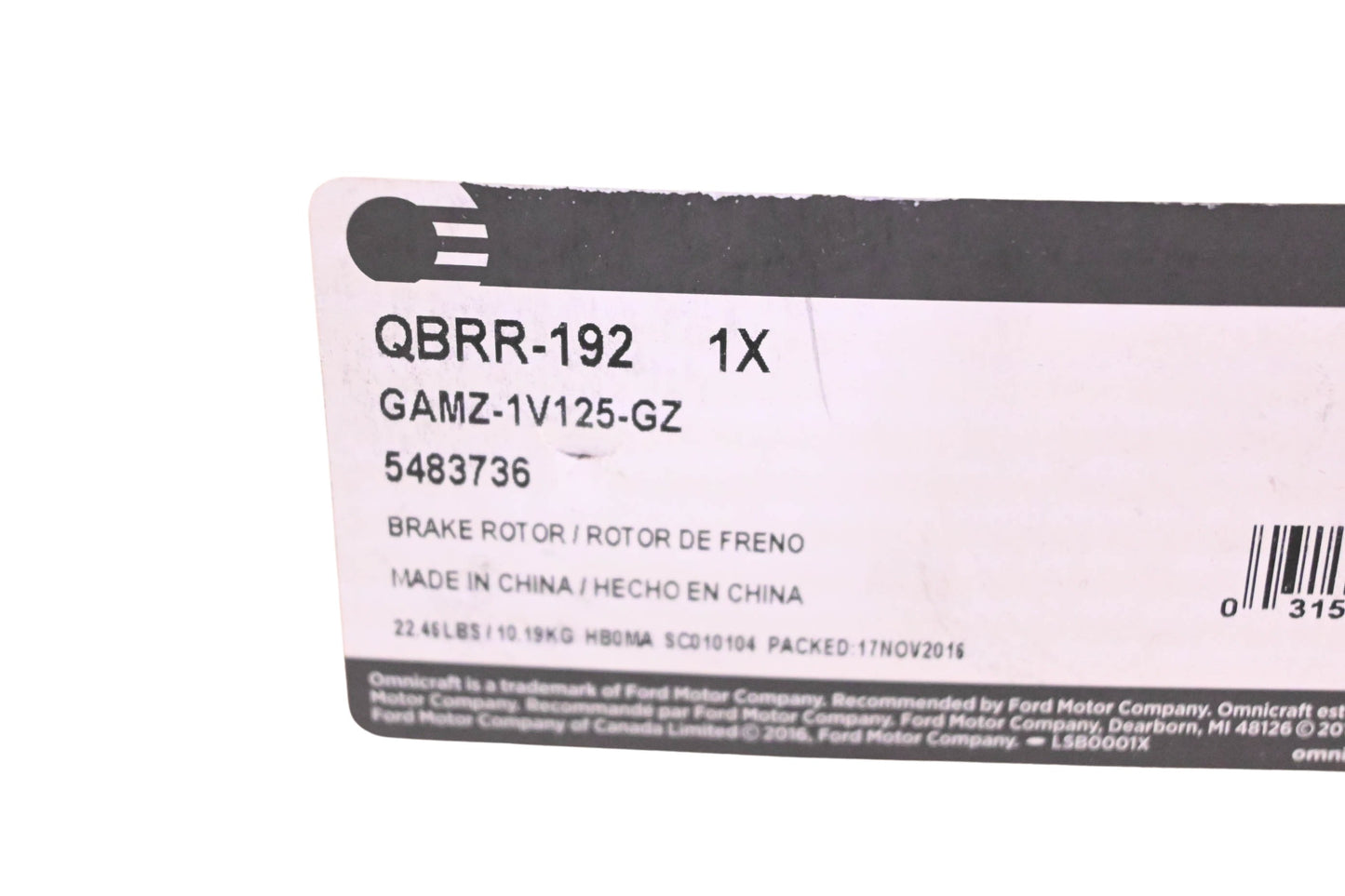 Omnicraft QBRR-192, GMAZ-1V125-GZ, 5483736 Rear Disc Break Rotor Assembly NOS