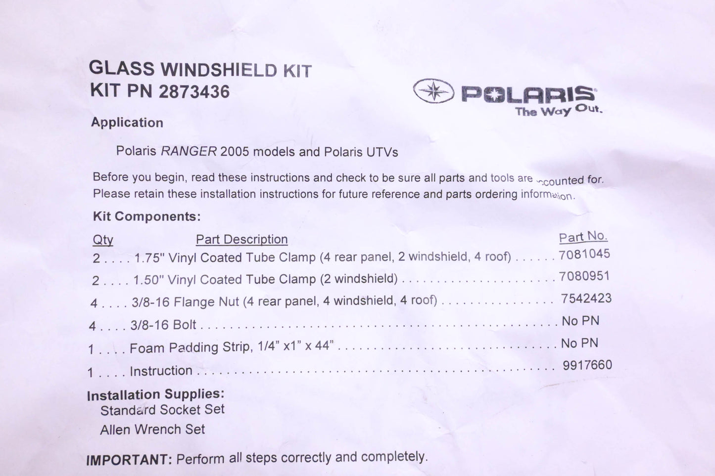 New OEM Polaris 2873436 Glass Windshield Hardware Kit NOS