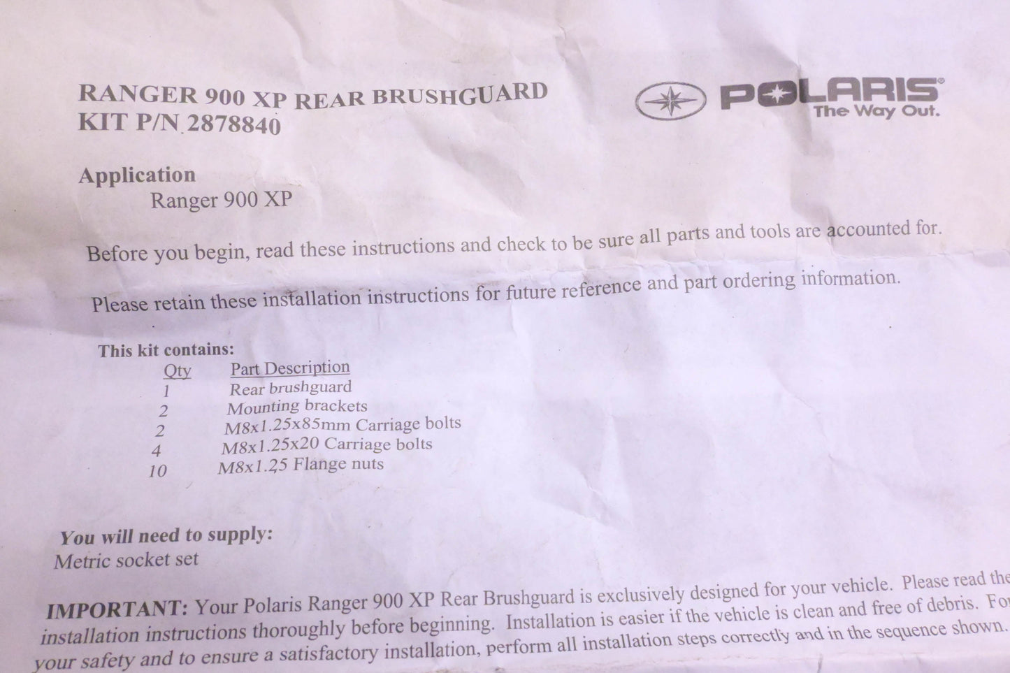 New OEM Polaris 2878840 Rear Brushguard Hardware Kit NOS