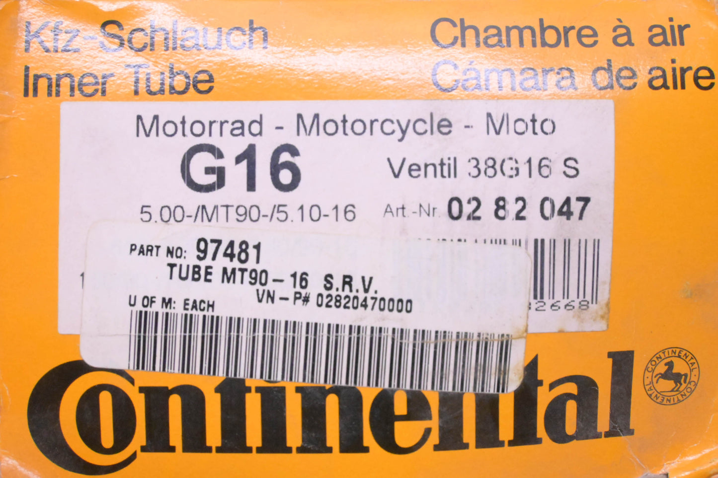 Continental 97481, G16, 5.00-/MT90-/5.10-16 Motorcycle Tube NOS