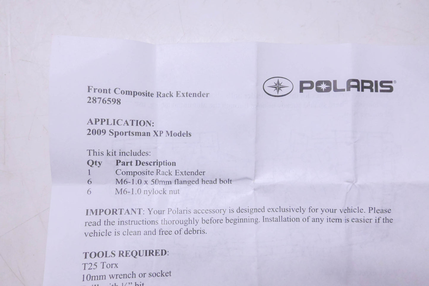 New OEM Polaris 2876598 Front Composite Rack Extender Kit NOS