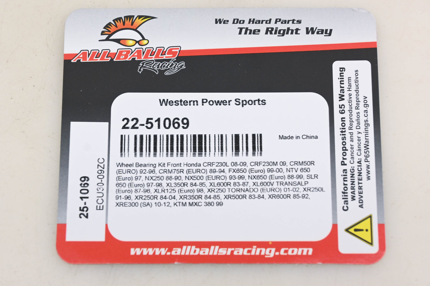 All Balls 22-51069, 25-1069 Front Wheel Bearing & Seal Kit NOS