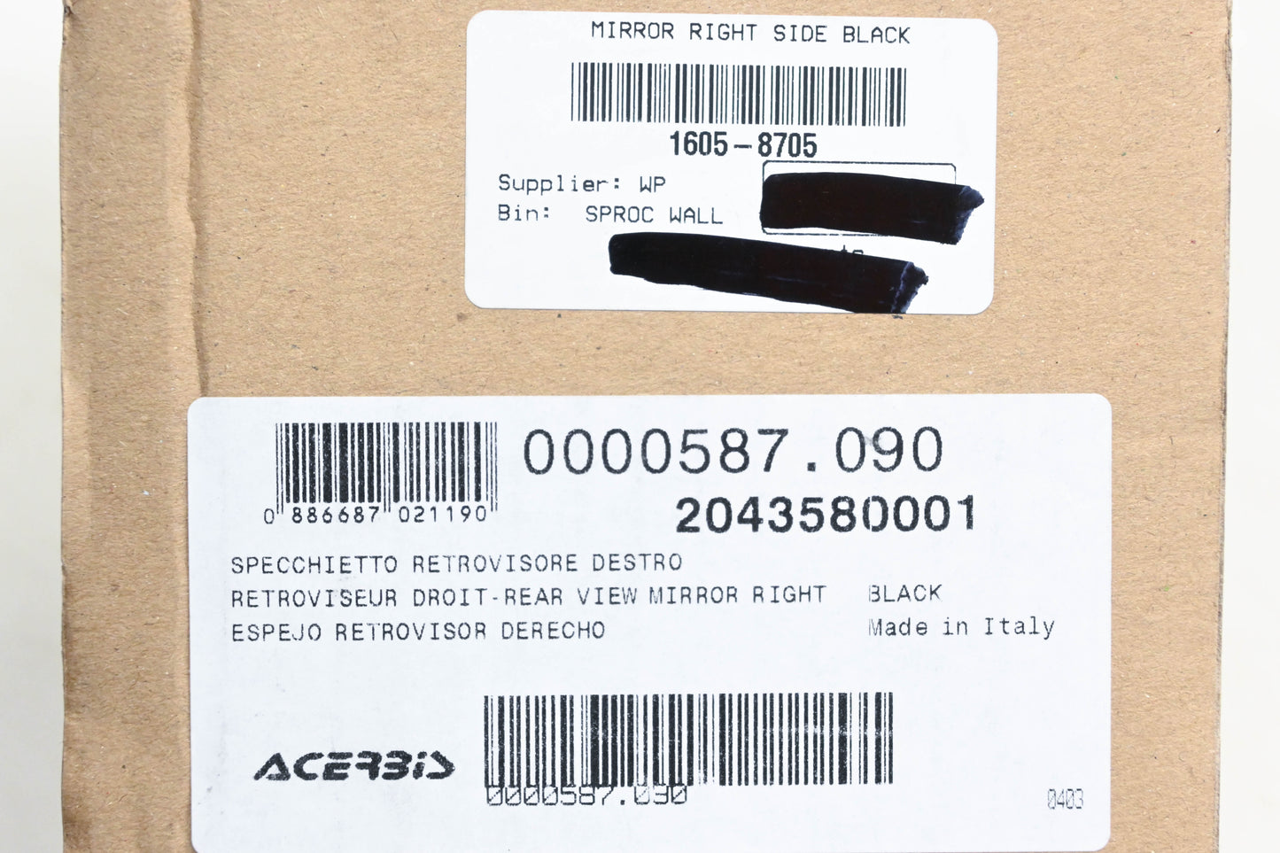 Acerbis 0000587.090, 2043580001, 1605-8705 Black Righthand Side Mirror Kit NOS