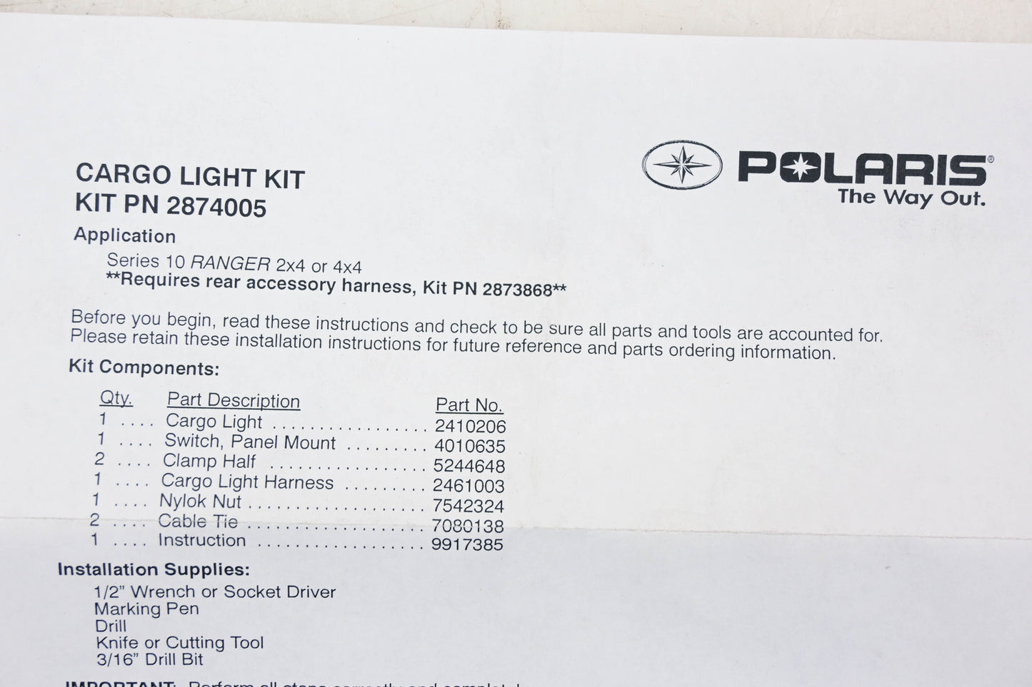 New OEM Polaris 2874005 Ranger Cargo Light Kit NOS