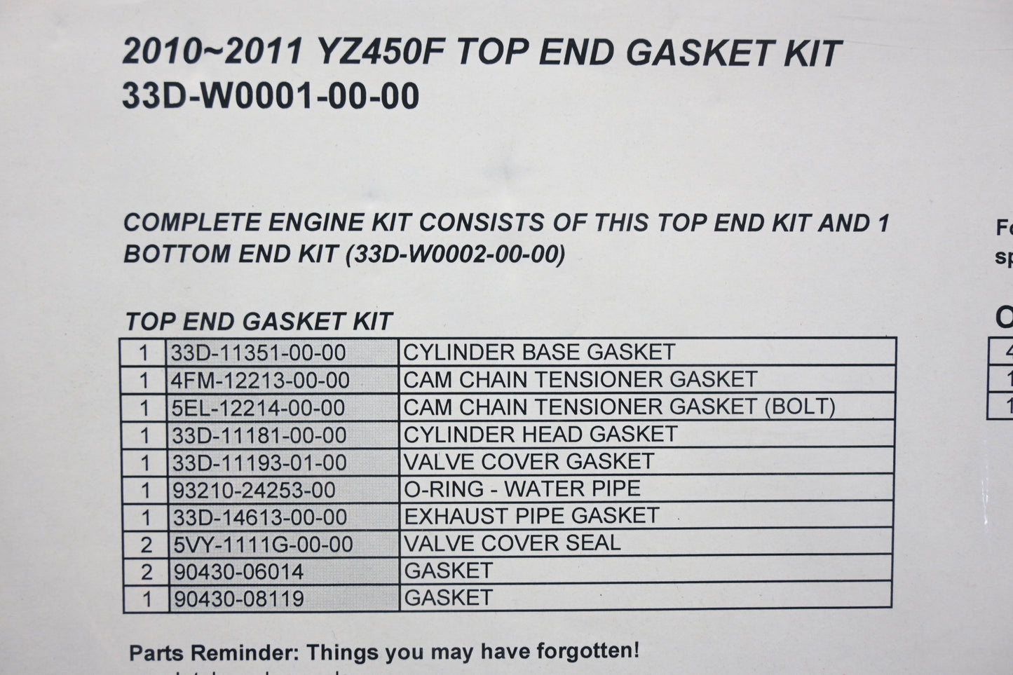 New OEM Yamaha 33D-W0001-00-00 Top End Gasket Kit NOS