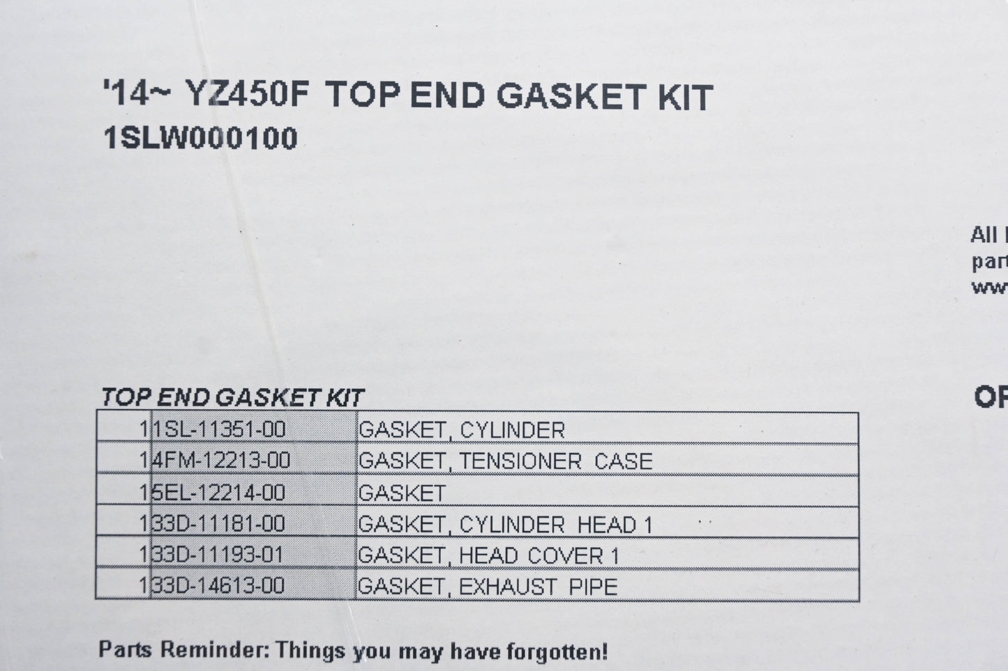 New OEM Yamaha 1SL-W0001-00-00 Top End Gasket Kit NOS