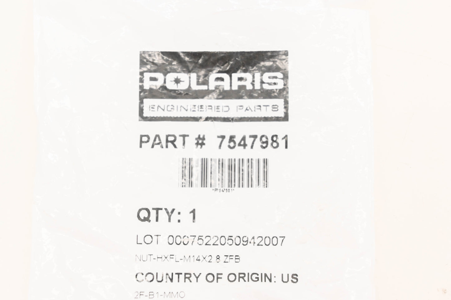 New OEM Polaris 7547981 Hex Flange Nut NOS